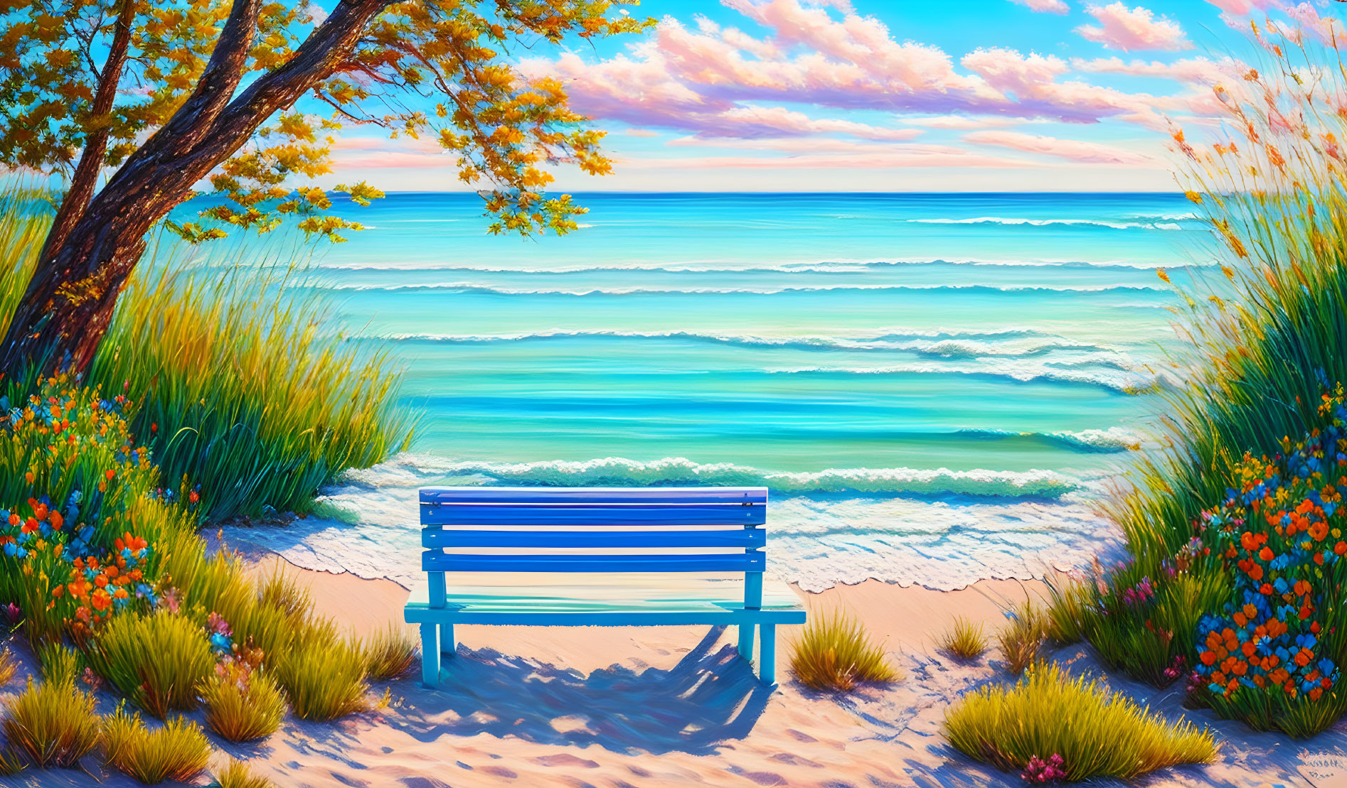 Colorful Beach Scene with Blue Bench, Wildflowers, Tree, and Ocean