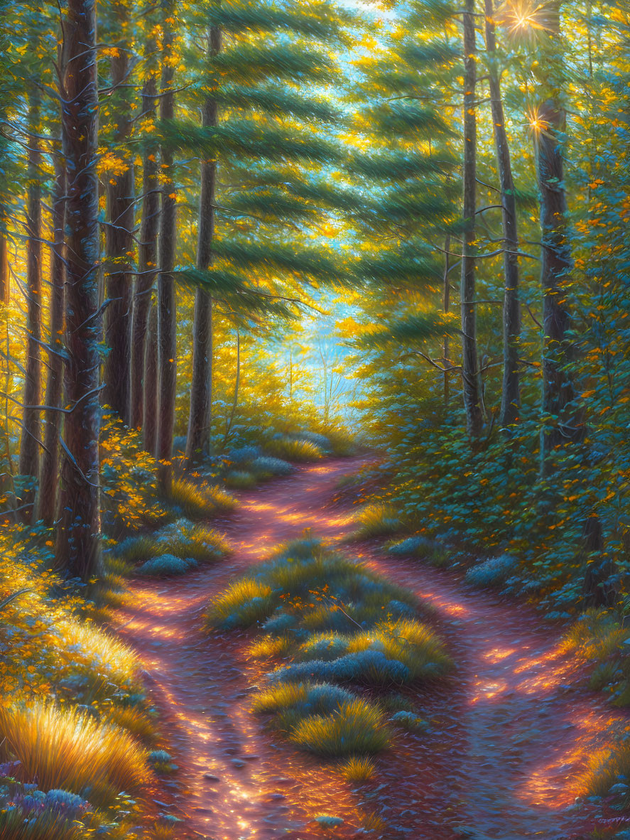 Sunlit Forest Path with Tall Trees and Green Foliage Leading to Clearing