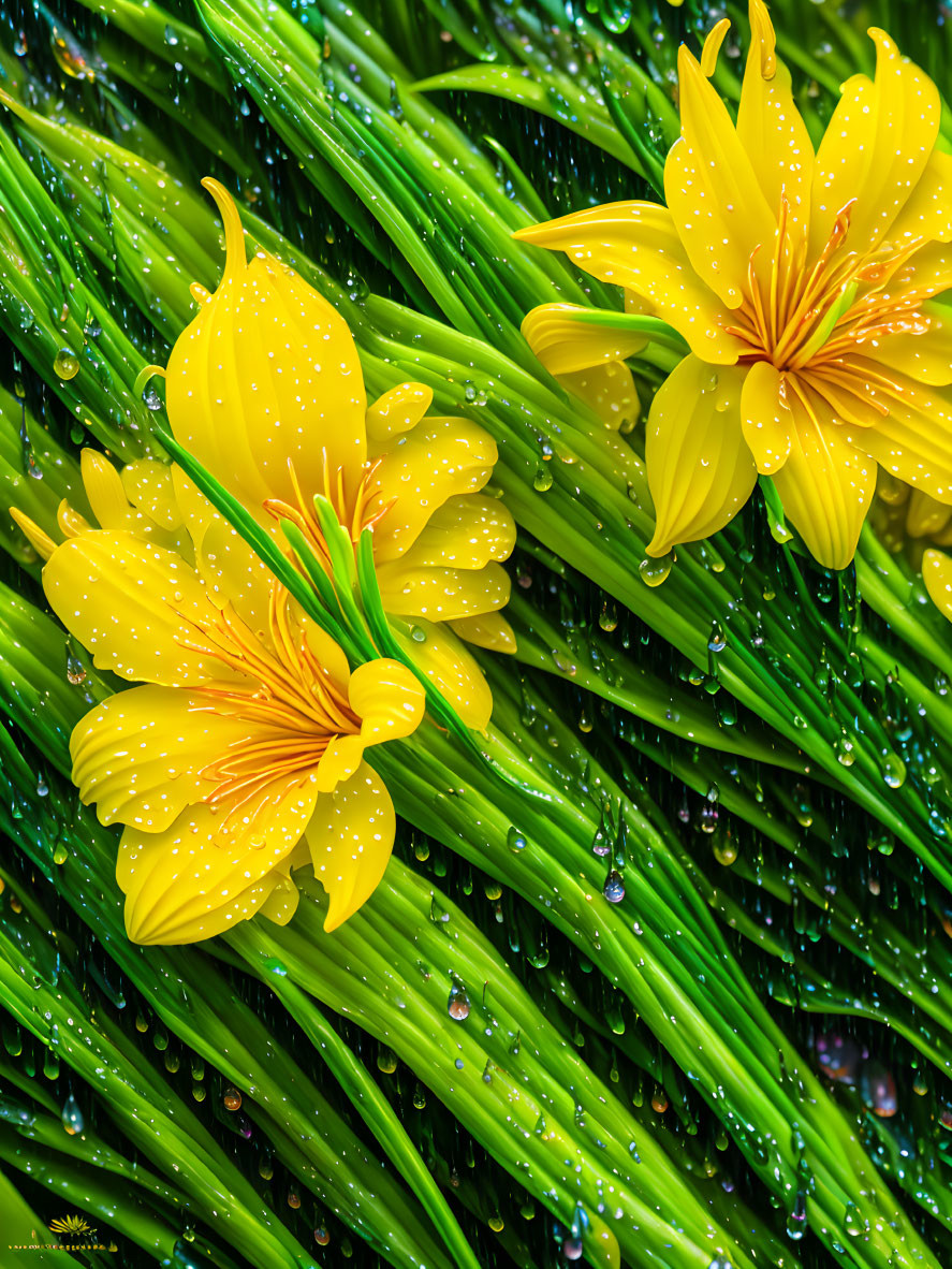 Bright Yellow Flowers and Water Droplets on Green Leaves