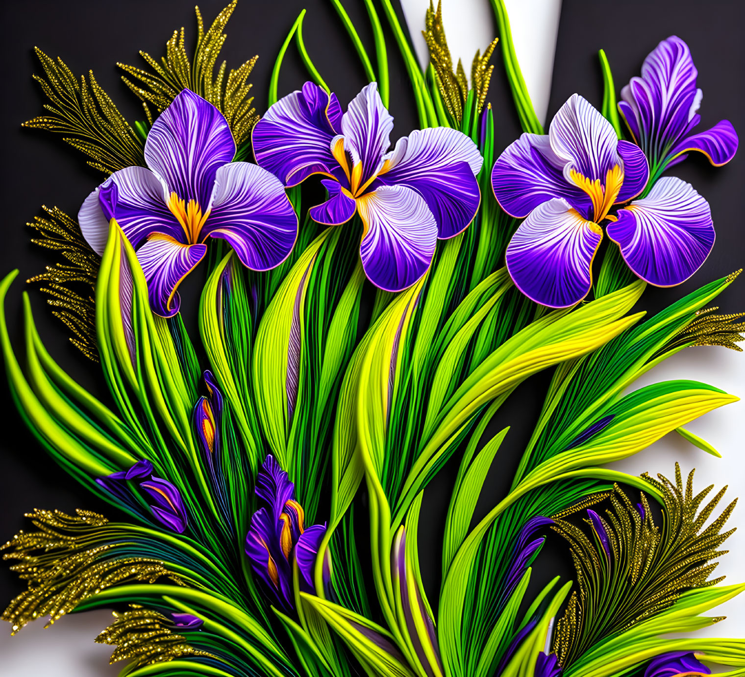 Colorful iris illustration with gold accents on dual-tone backdrop