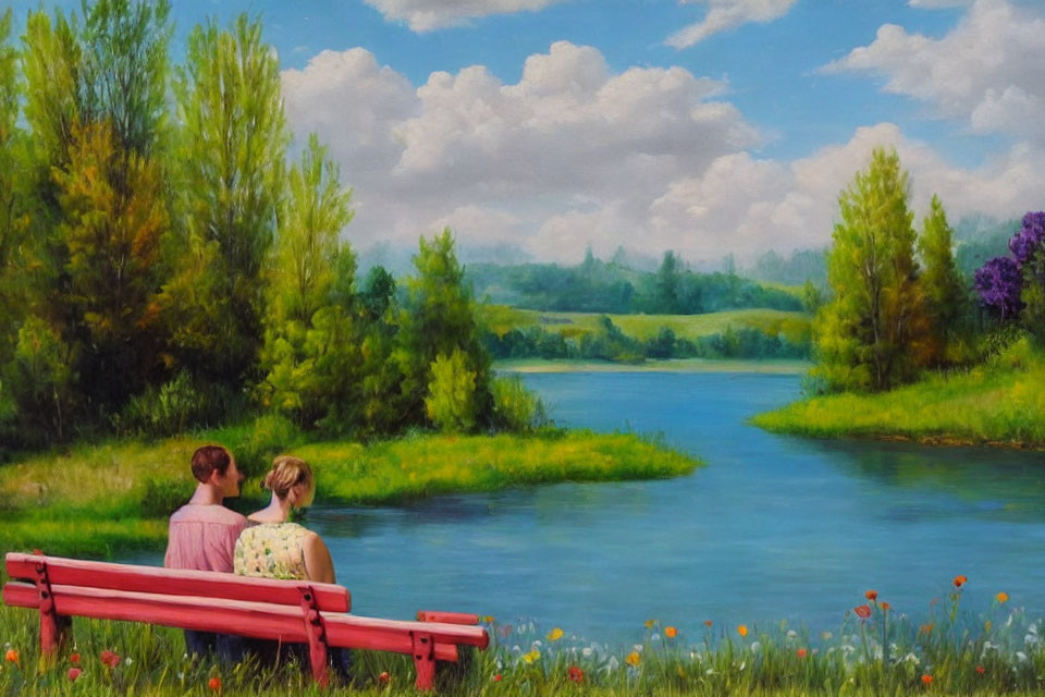 Two individuals on red bench near river, lush greenery, colorful flowers, fluffy clouds.