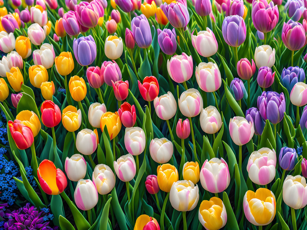 Multicolored tulips in full bloom on green stems against blurred floral backdrop