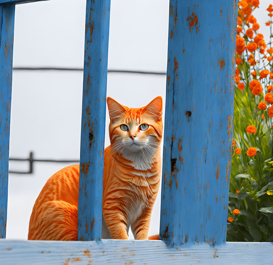 Orange Tabby Cat with Green Eyes Peering Through Blue Railing