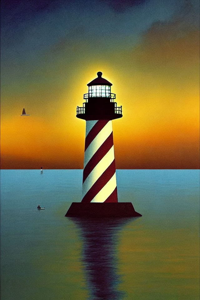 Striped lighthouse on calm sea at sunset with vivid orange sky.