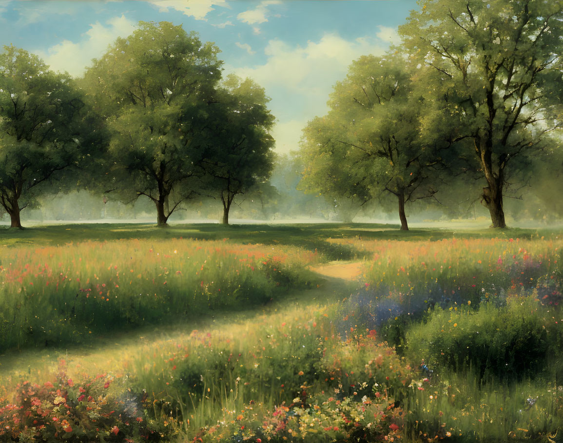 Tranquil landscape: blooming meadow, winding path, lush green trees