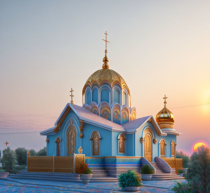 Blue Orthodox Church with Golden Domes at Sunrise