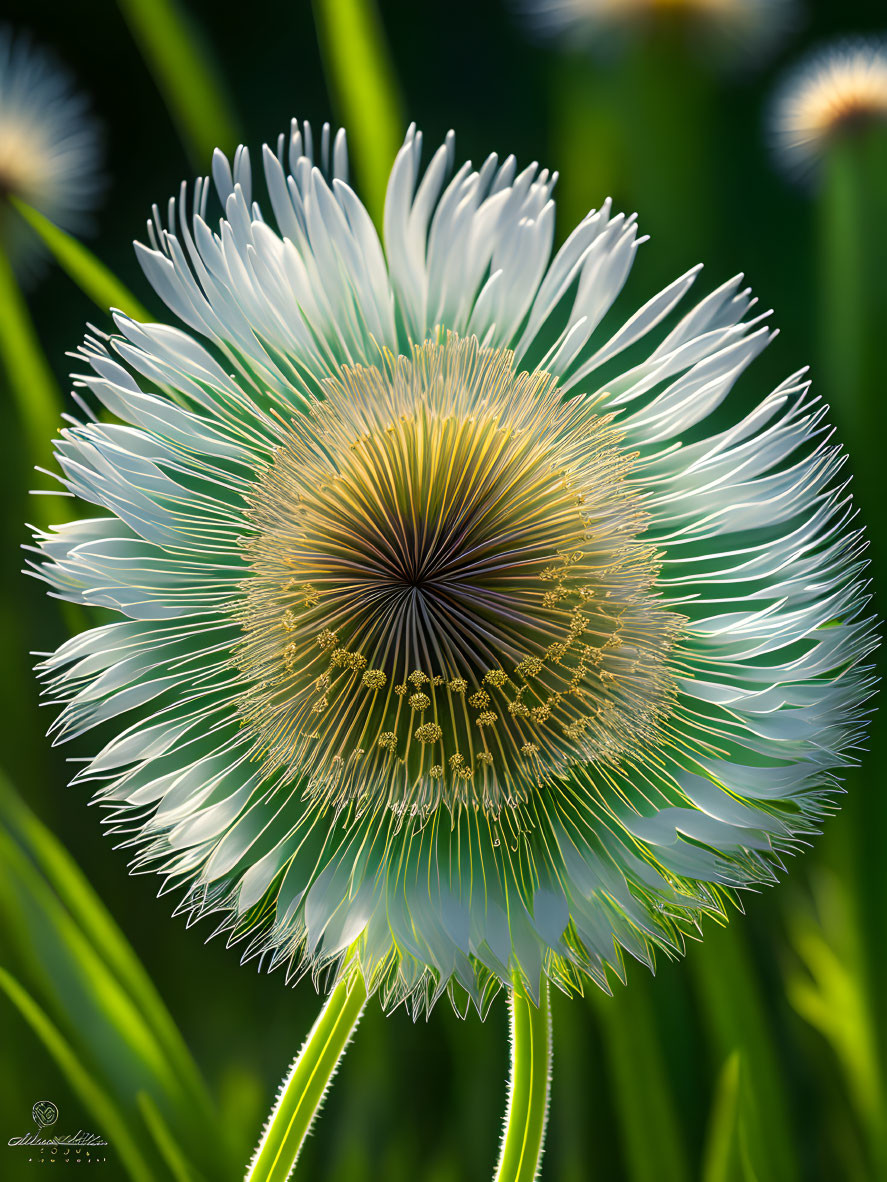 Detailed close-up of white dandelion seeds against green background