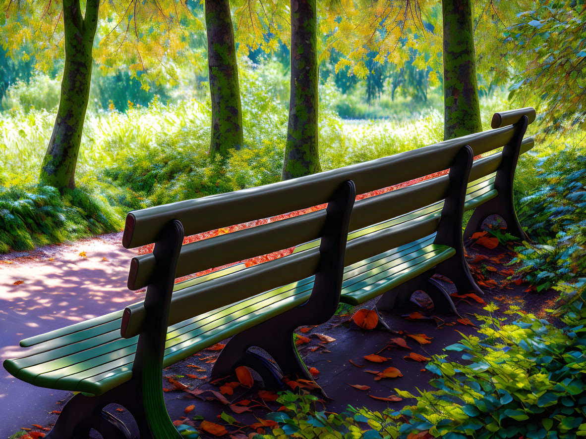 Park bench under green and yellow trees in sunlight on lush grass.