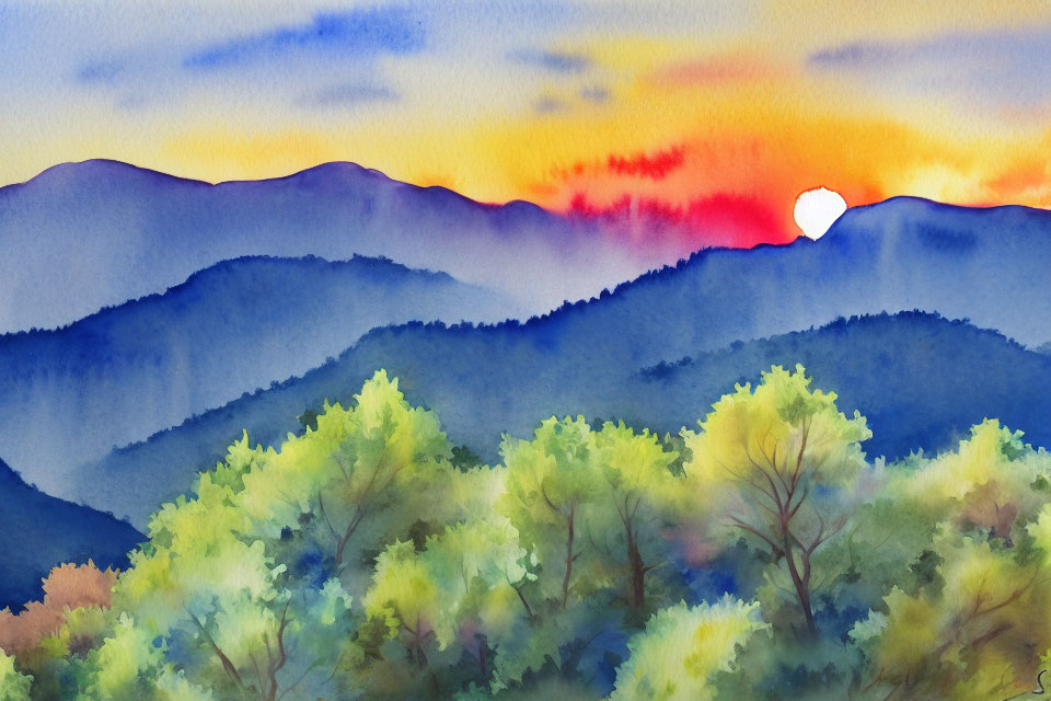 Blue mountain watercolor landscape with sunset sky and green trees.