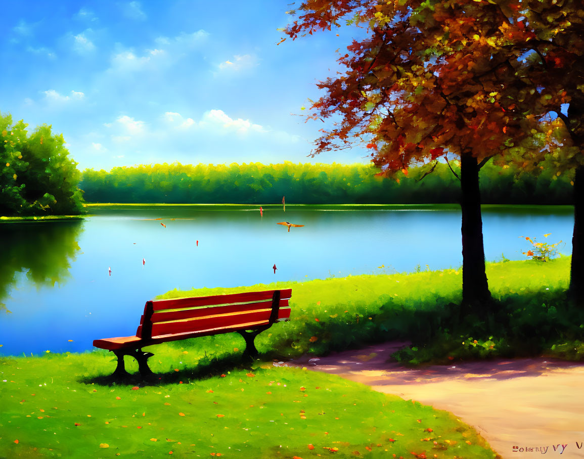 Autumn park scene with red bench near tree and serene lake reflections