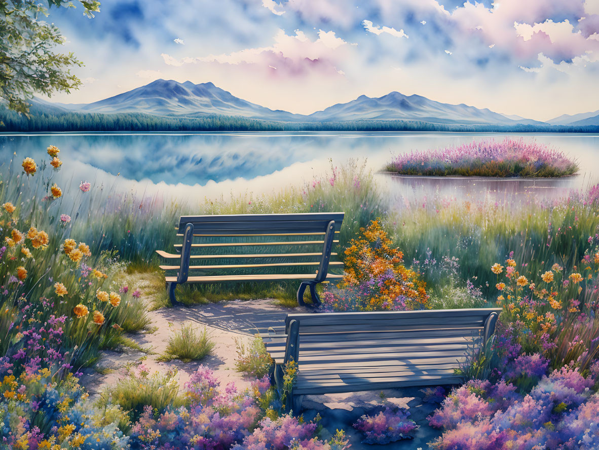 Tranquil lake view with empty bench and colorful wildflowers