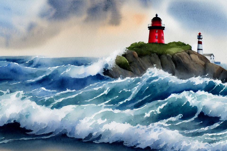 Stormy Sea Watercolor Painting with Red Lighthouse