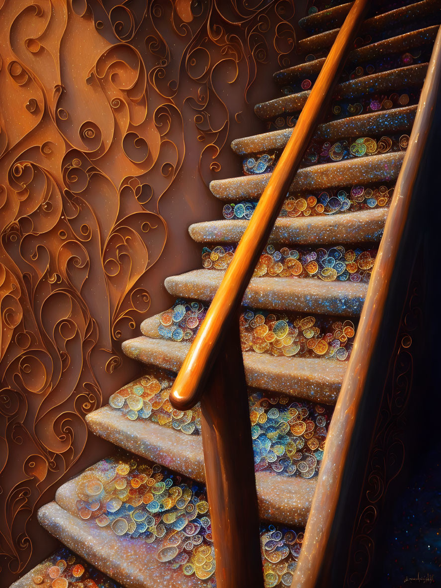 Ornate patterned staircase with colorful swirling designs