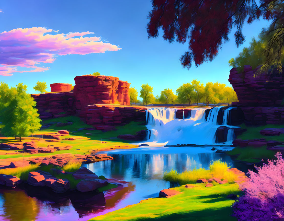 Serene landscape with waterfall, red rocks, lush trees, and purple flora