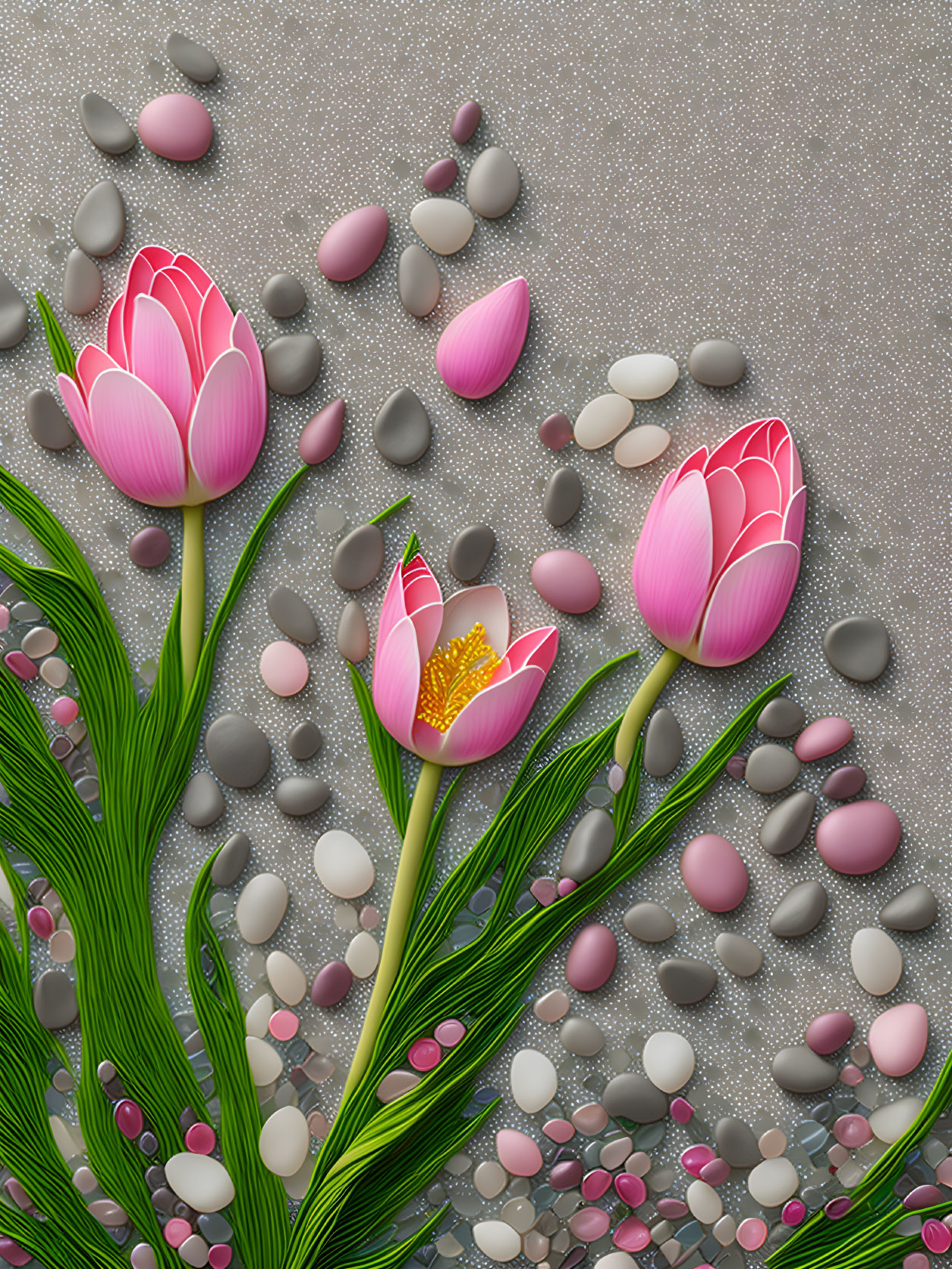 Pink tulips 3D illustration on textured gray background with scattered stones