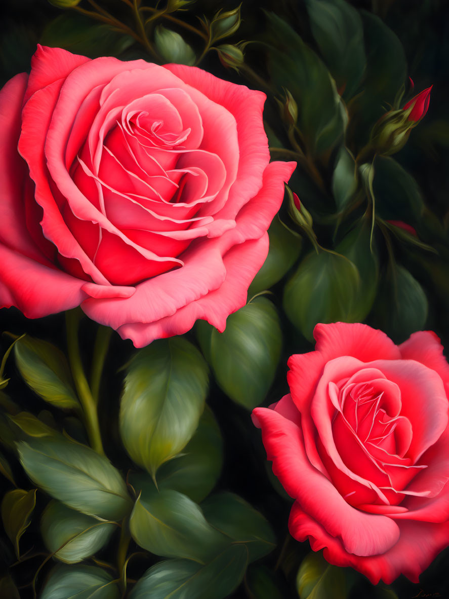 Vibrant red roses in full bloom with dark green leaves