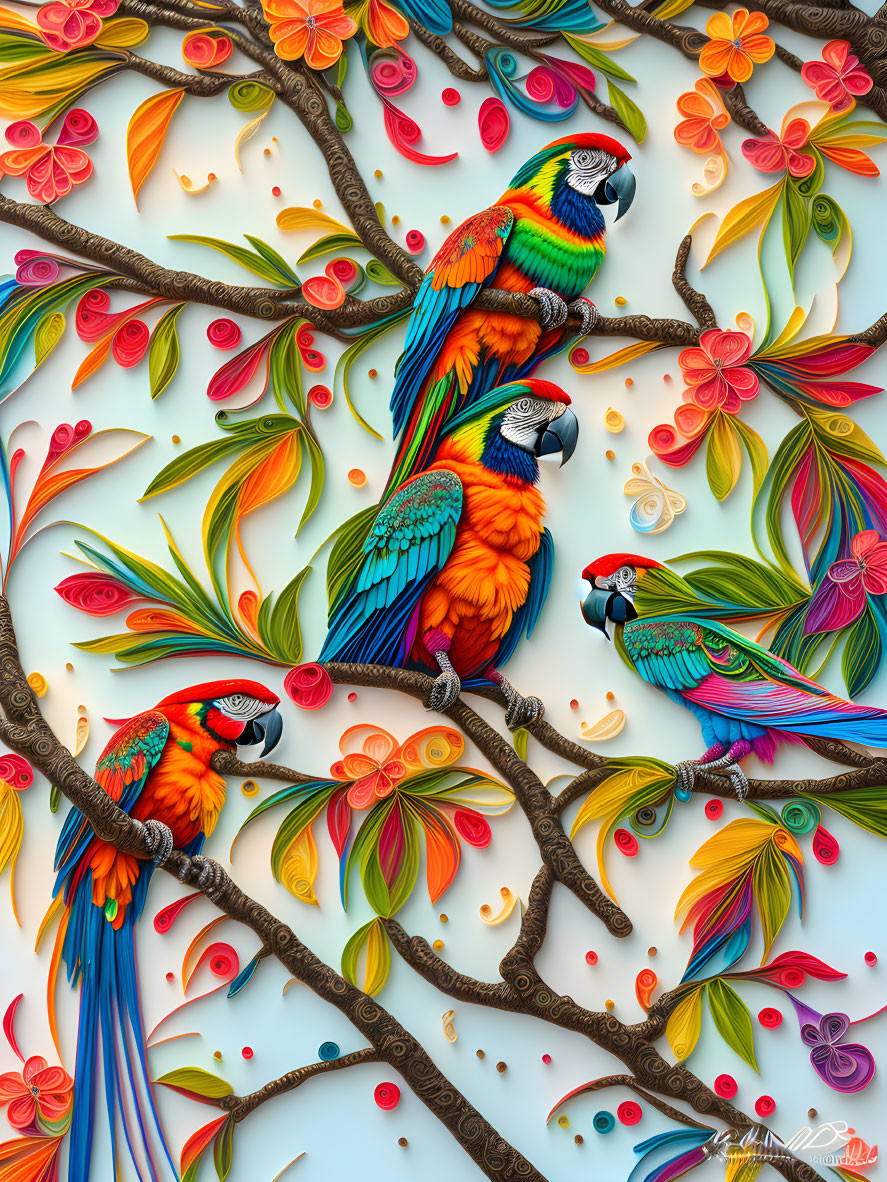 Colorful Parrots Perched on Ornate Branches with Leaf and Flower Motifs