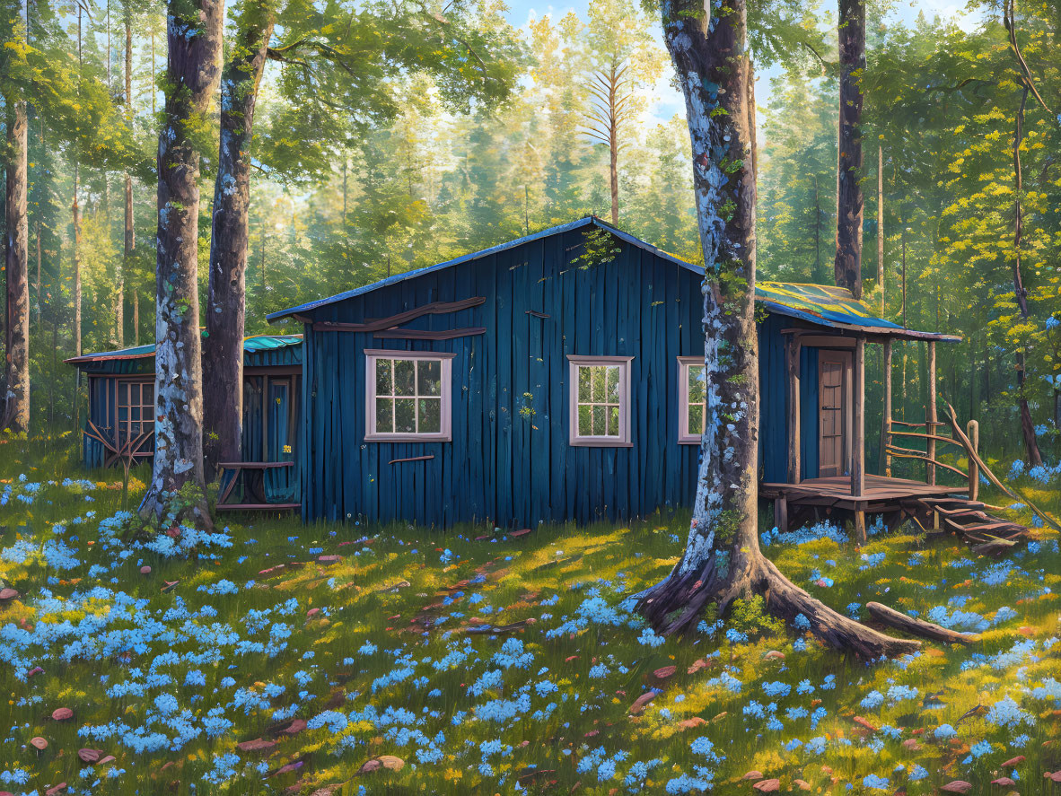 Tranquil woodland scene: vibrant blue cabin, lush trees, green carpet, blue flowers, soft