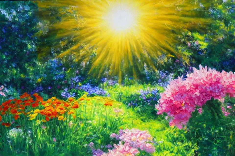 Vibrant garden painting with colorful flowers under radiant sun