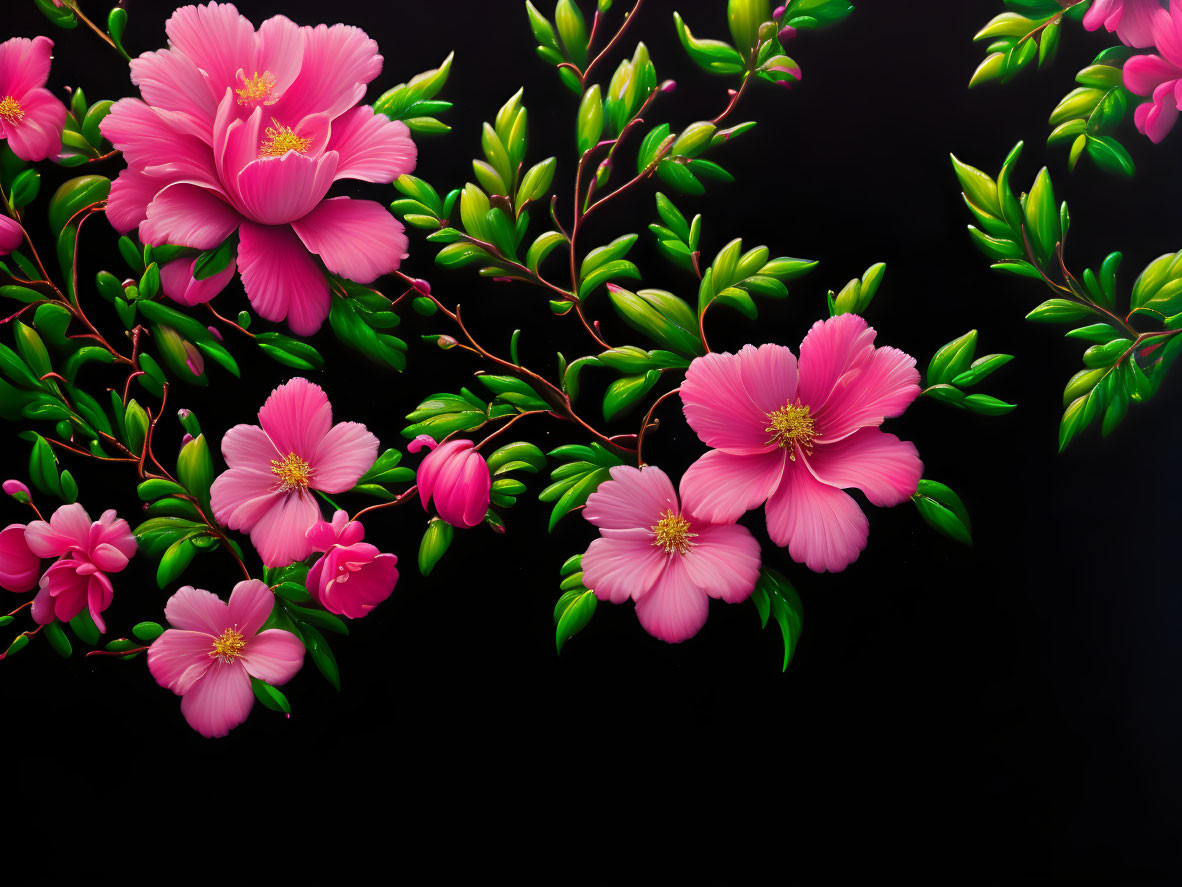 Pink Flowers and Green Leaves on Dark Background: Detailed Petals and Foliage Displayed