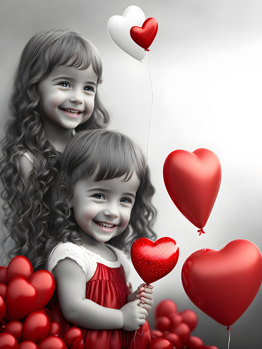 Grayscale image of two smiling girls with red accents and heart-shaped balloons.