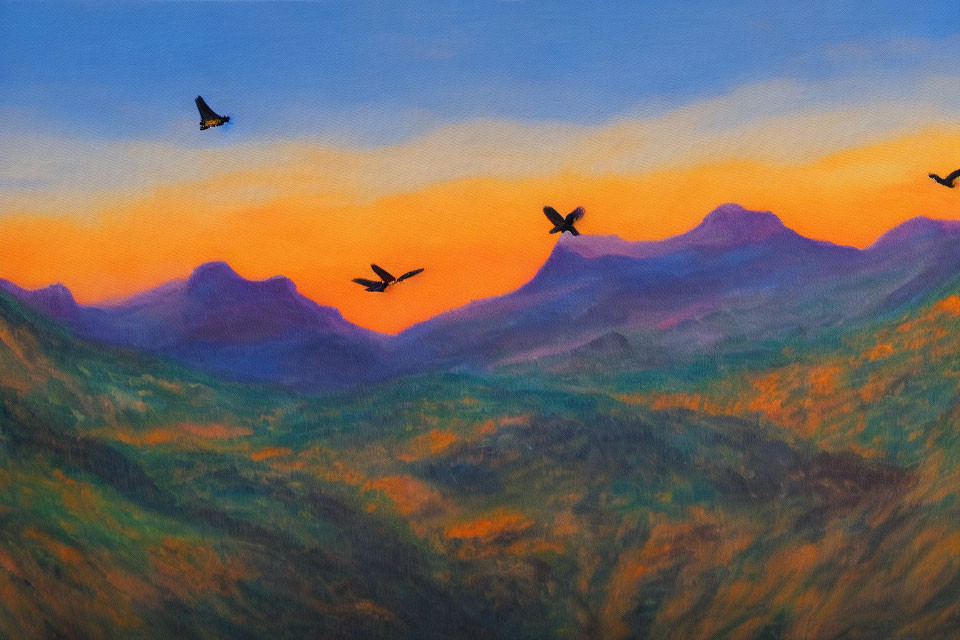 Colorful sunset painting with mountain range and bird silhouettes