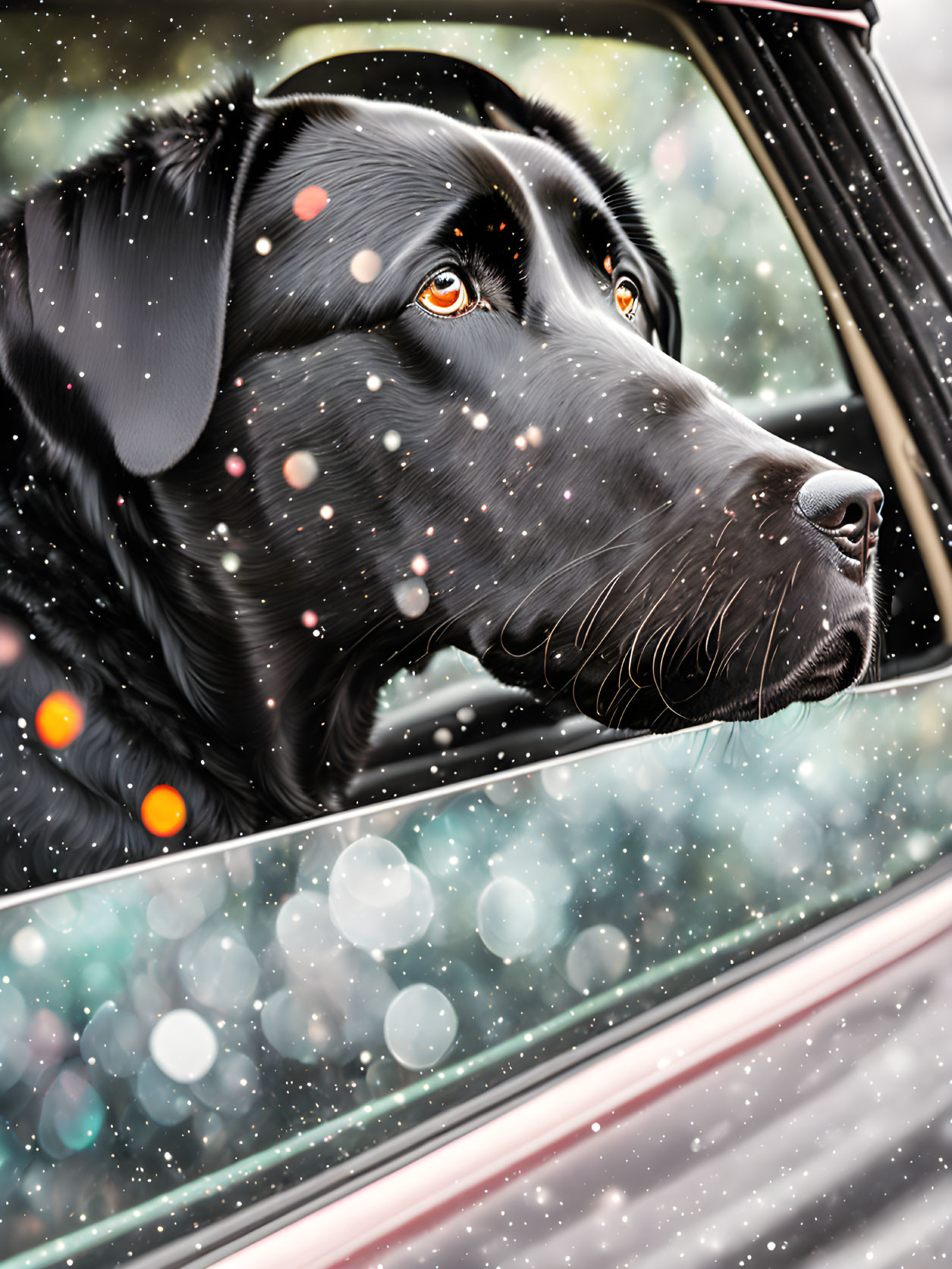 Black dog with glossy coat in car window under light rain creates bokeh effect.