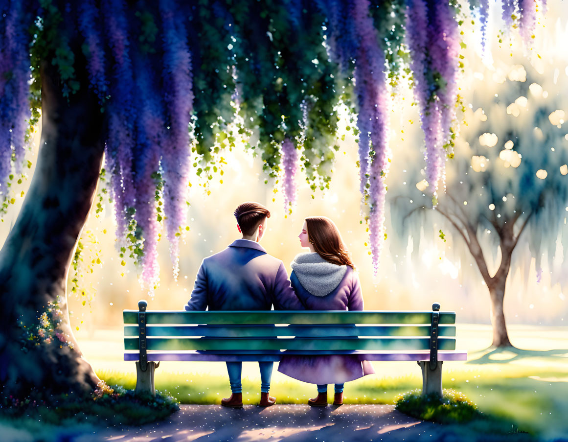 Couple sitting under wisteria trees on a bench