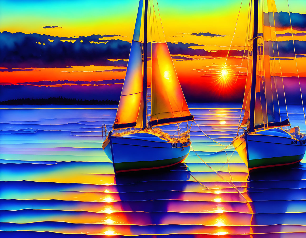 Vibrant sunset scene with two sailboats on the sea