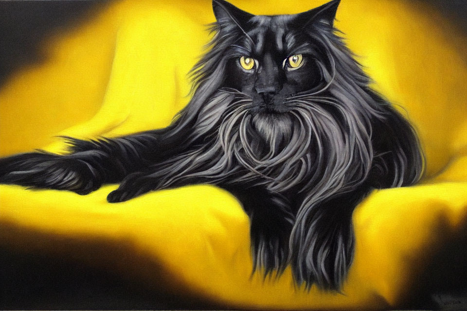 LONG-HAIRED CAT ON YELLOW BLANKET T2