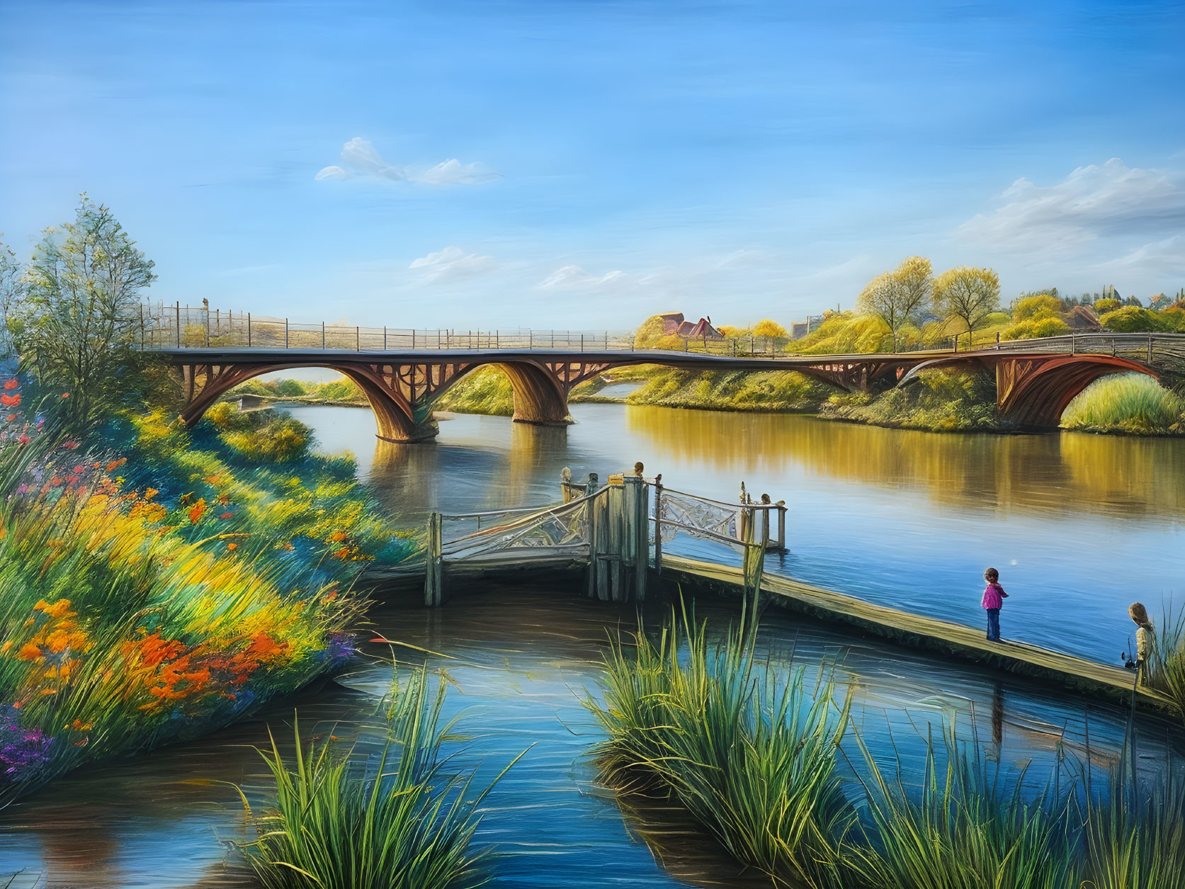 Tranquil landscape with river, arched bridge, wildflowers, and people by dock