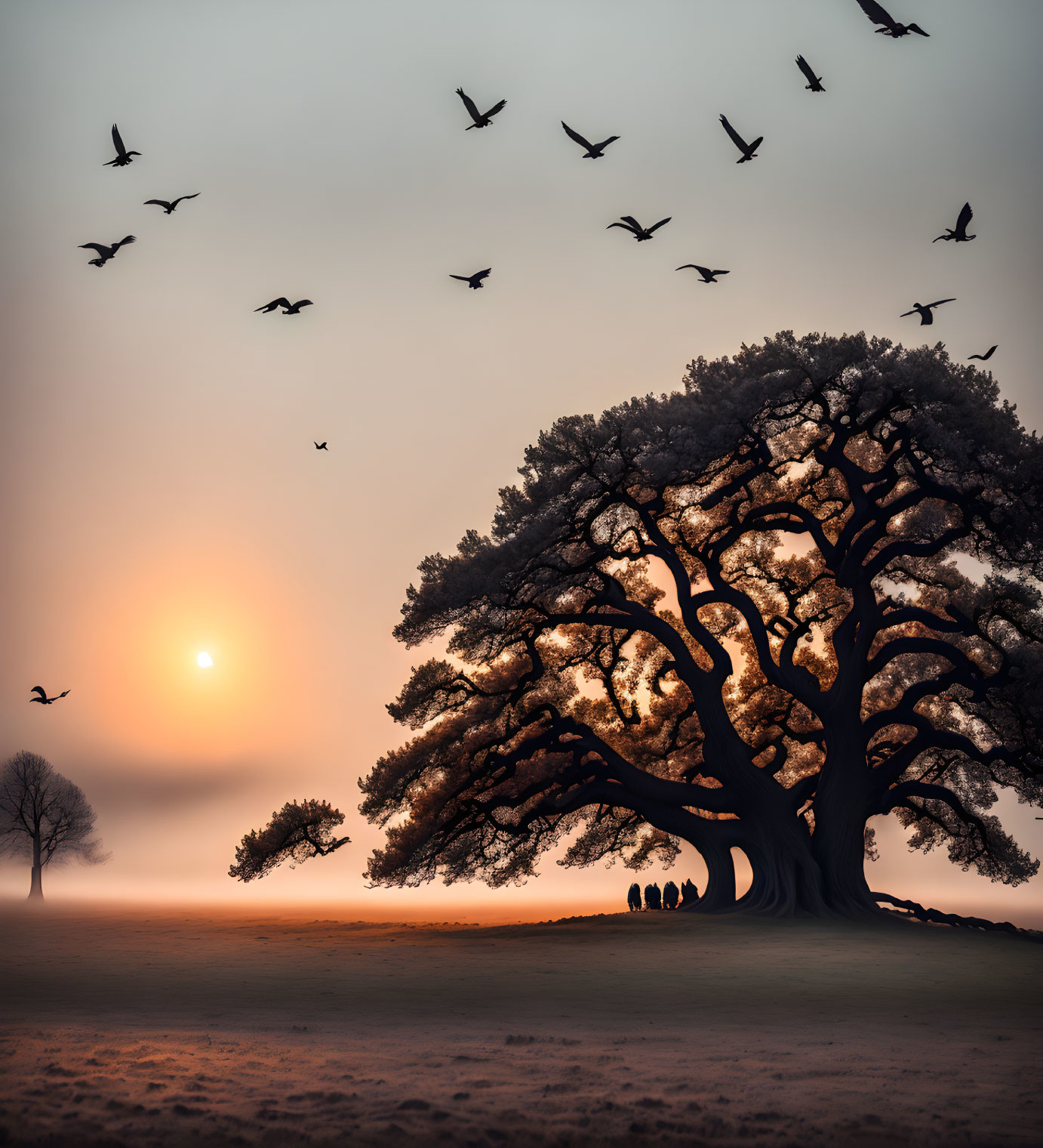 Majestic tree at sunrise with birds silhouettes and people gathered