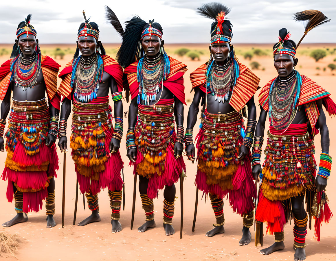 Five individuals in traditional African attire in desert landscape