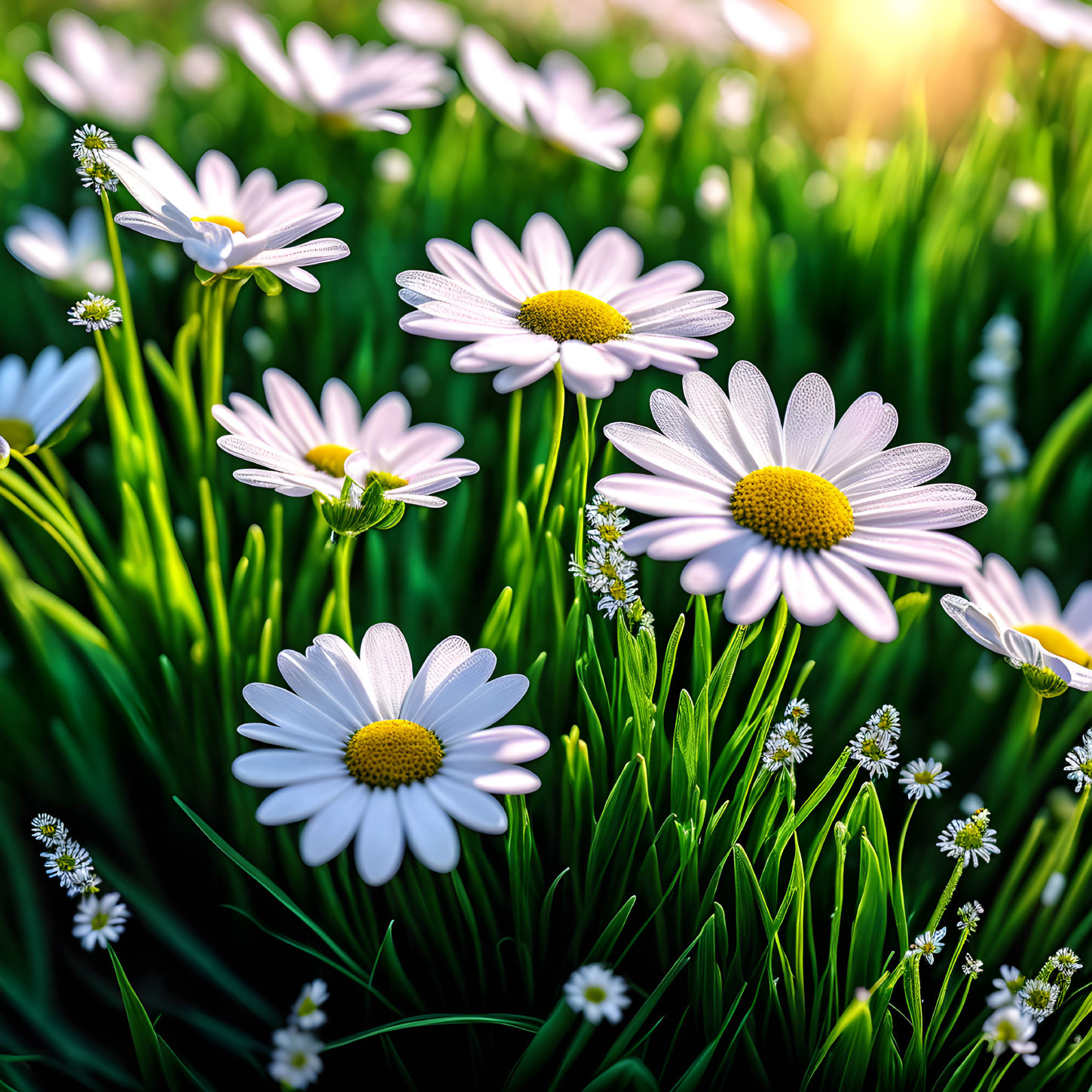 Vibrant white daisies in lush green foliage under warm sunlight