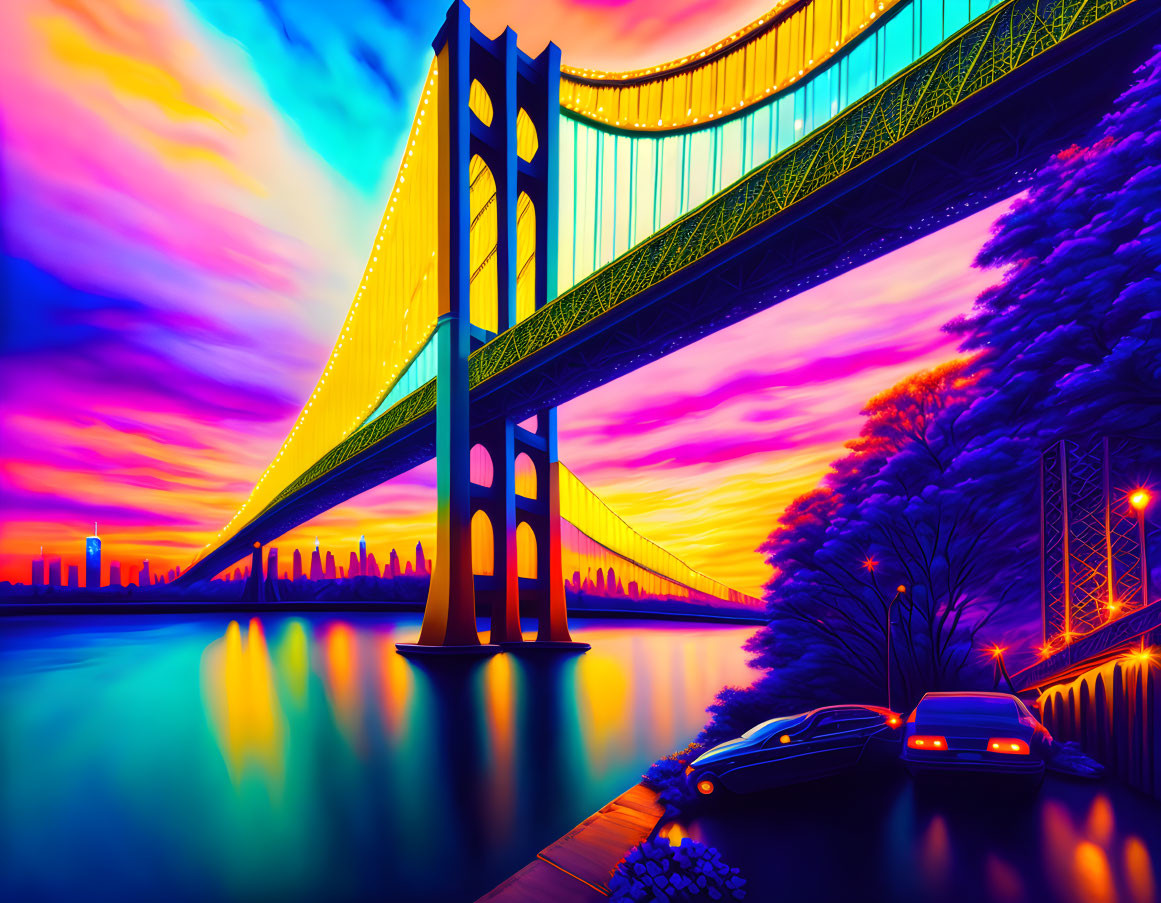 Golden Bridge Over Water at Sunset with Vibrant Sky and City Silhouettes