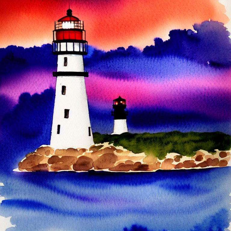 Colorful watercolor painting of white lighthouse on island at twilight