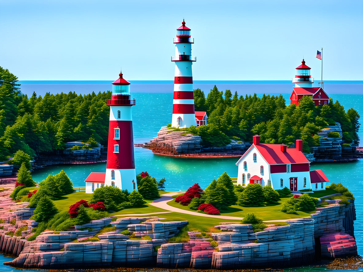 Rugged coastline with three red and white lighthouses