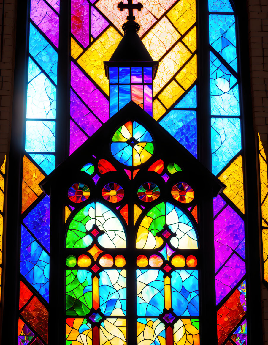 Colorful Stained Glass Window with Cross in Church Setting