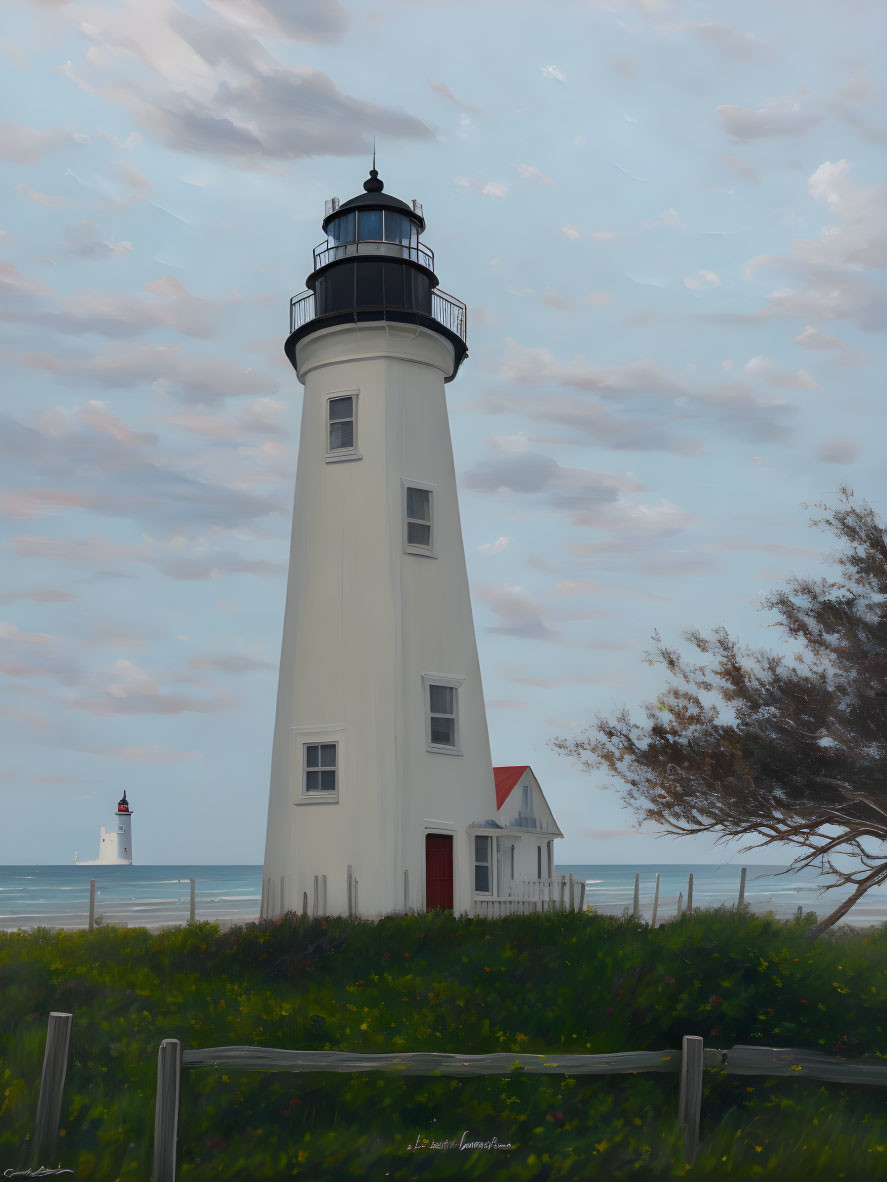 Tall White Lighthouse with Red Door by Seaside