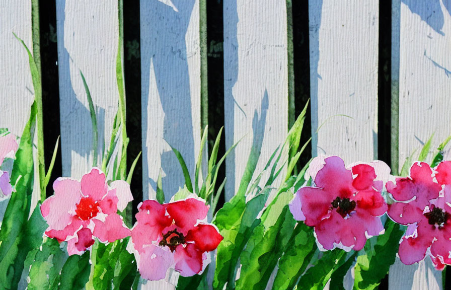 Pink Flowers and Green Foliage in Front of White Picket Fence with Shadows