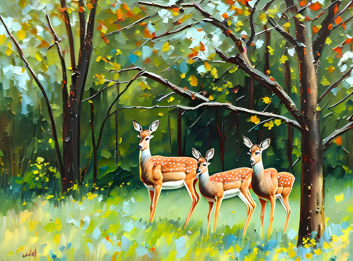 Colorful autumn deer painting with vibrant trees and green underbrush