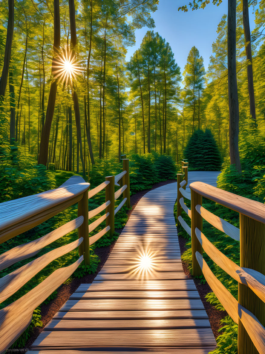 Tranquil wooden walkway in vibrant forest landscape