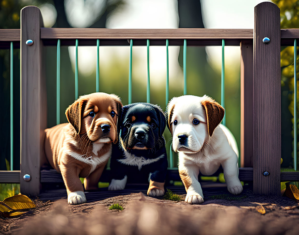 Three cute puppies peeking through wooden fence in nature with sunlight filtering through leaves