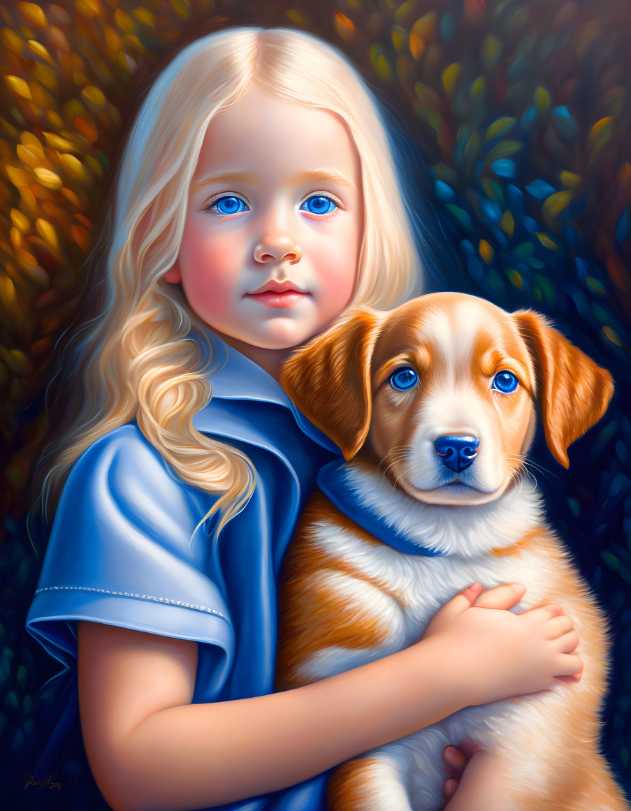 Blonde girl holding puppy in colorful outdoor setting