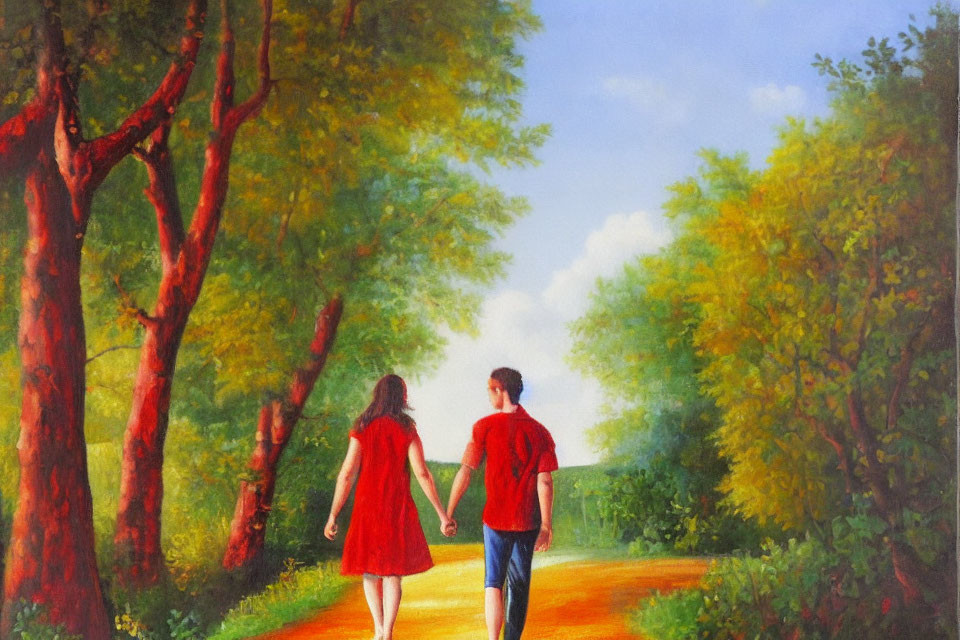 Couple Walking Hand in Hand on Sunlit Path with Trees and Blue Sky