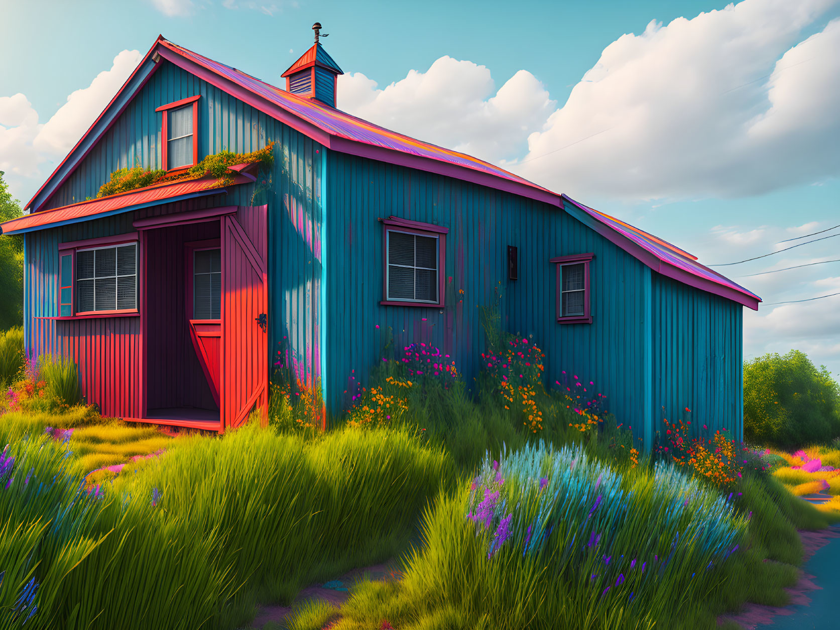 Colorful Blue House with Red Door Amid Wildflowers