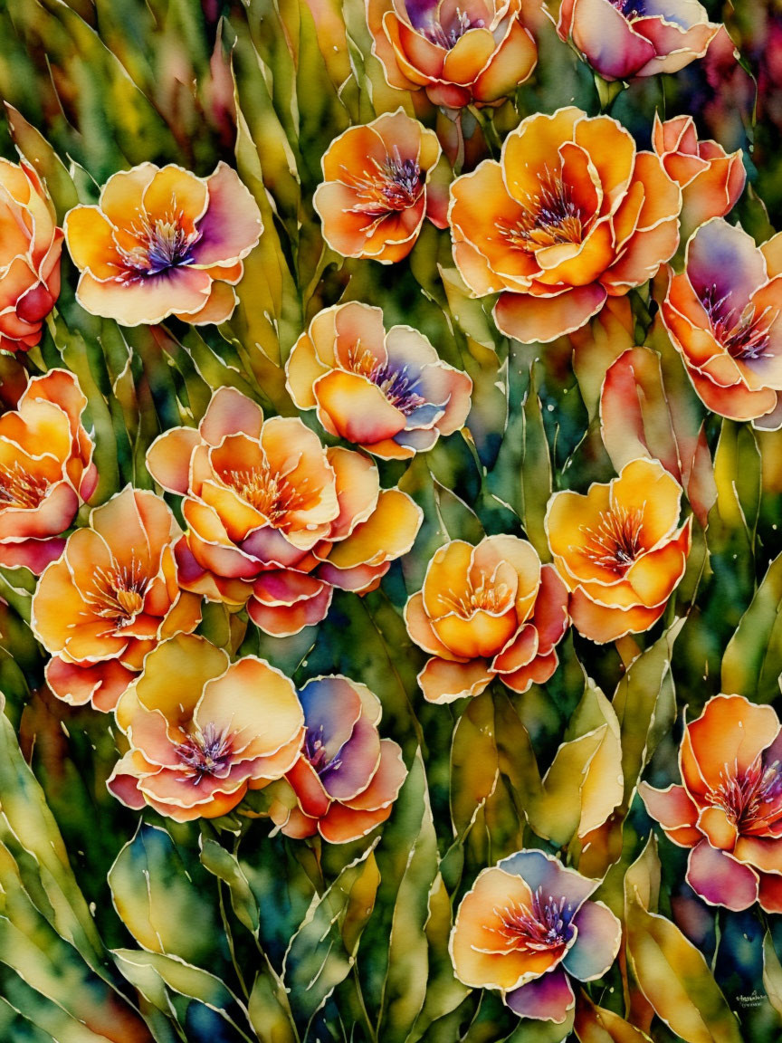 Vibrant Orange-Yellow Flowers in Watercolor Style