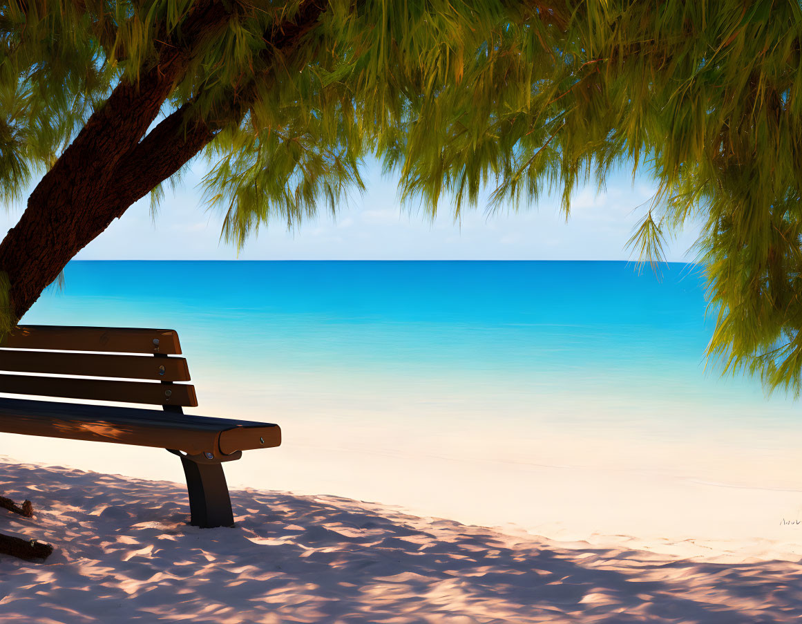 Tranquil beach scene with wooden bench, green tree, white sand, blue sky, and calm