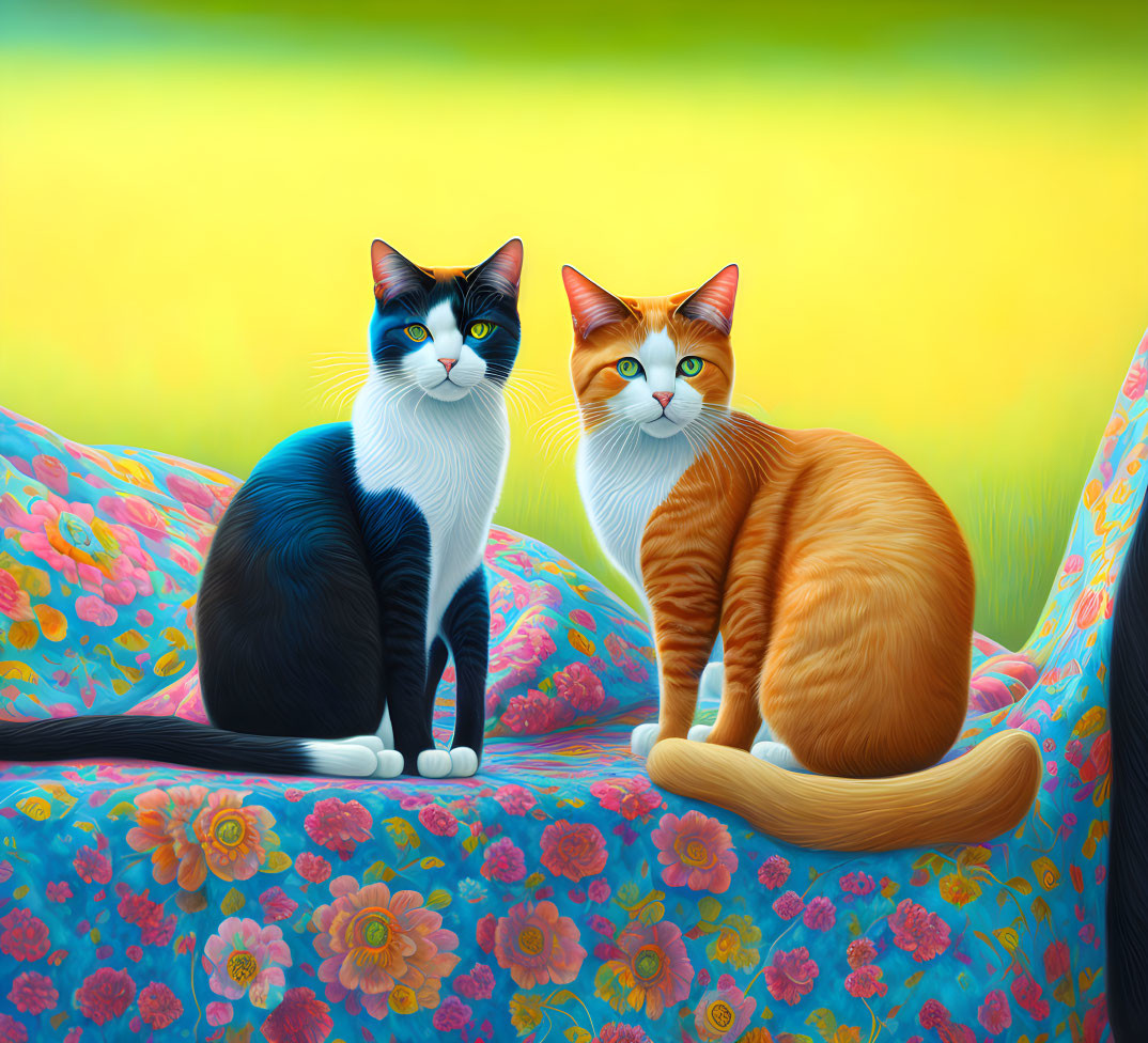 Colorful Anthropomorphic Cats on Floral Couch Against Yellow-Green Background