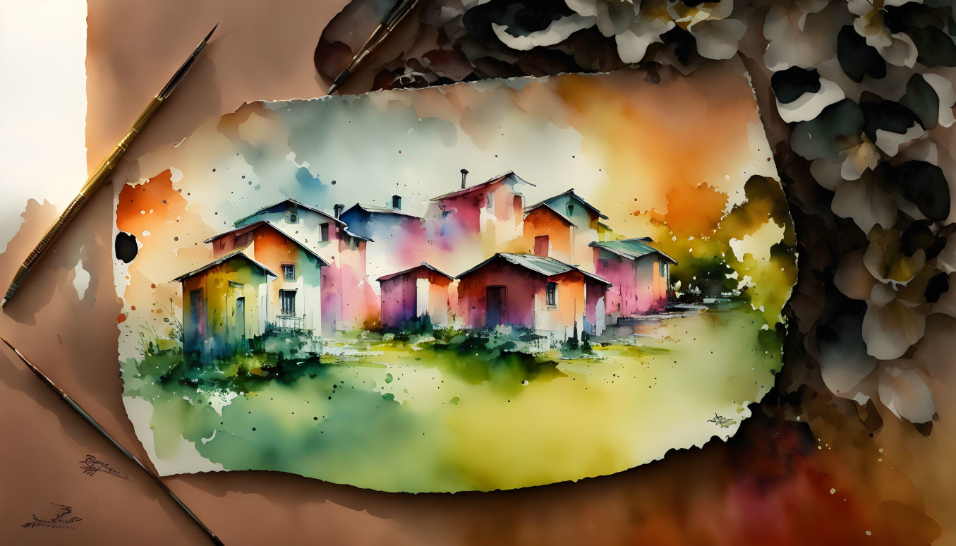 Colorful Watercolor Painting of Abstract Houses in Nature